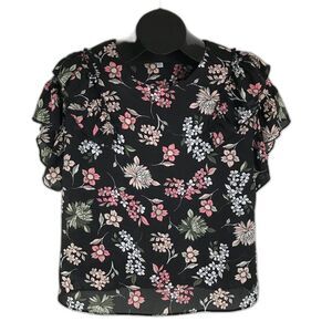 Libby Edelman Floral Ruffle Sleeve Top Women's Small Flutter Pop Garden Black